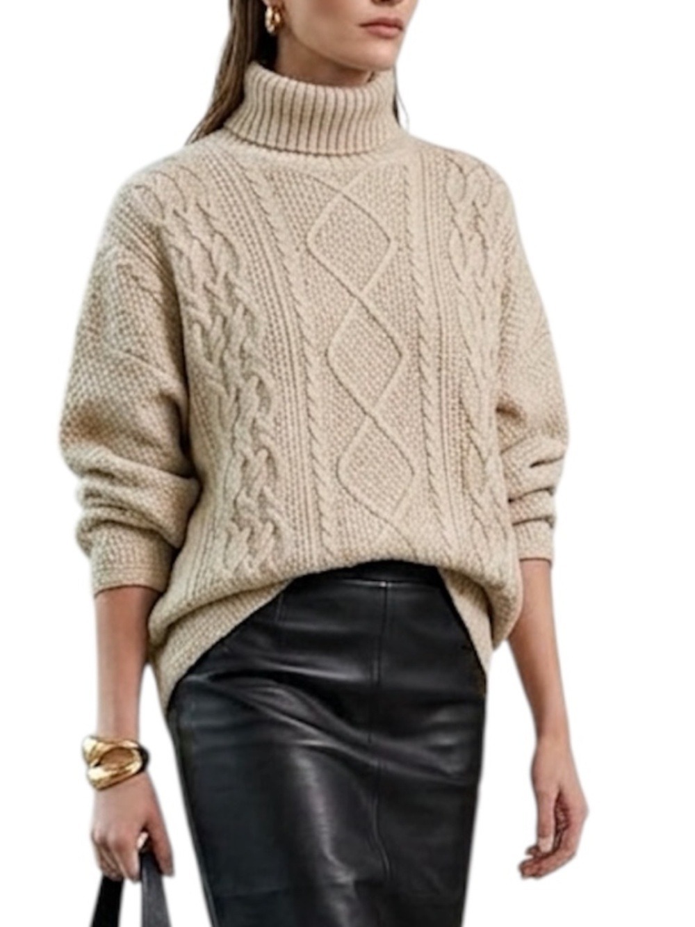 Beige tan boxy pullover drop shoulder knit aran turtleneck fisherman sweater